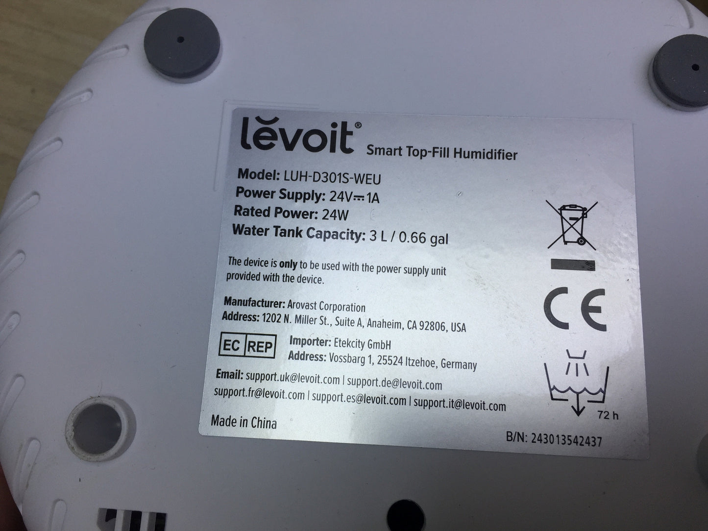 LEVOIT 3L Top Fill Humidifier LUH-D301S, I32199 