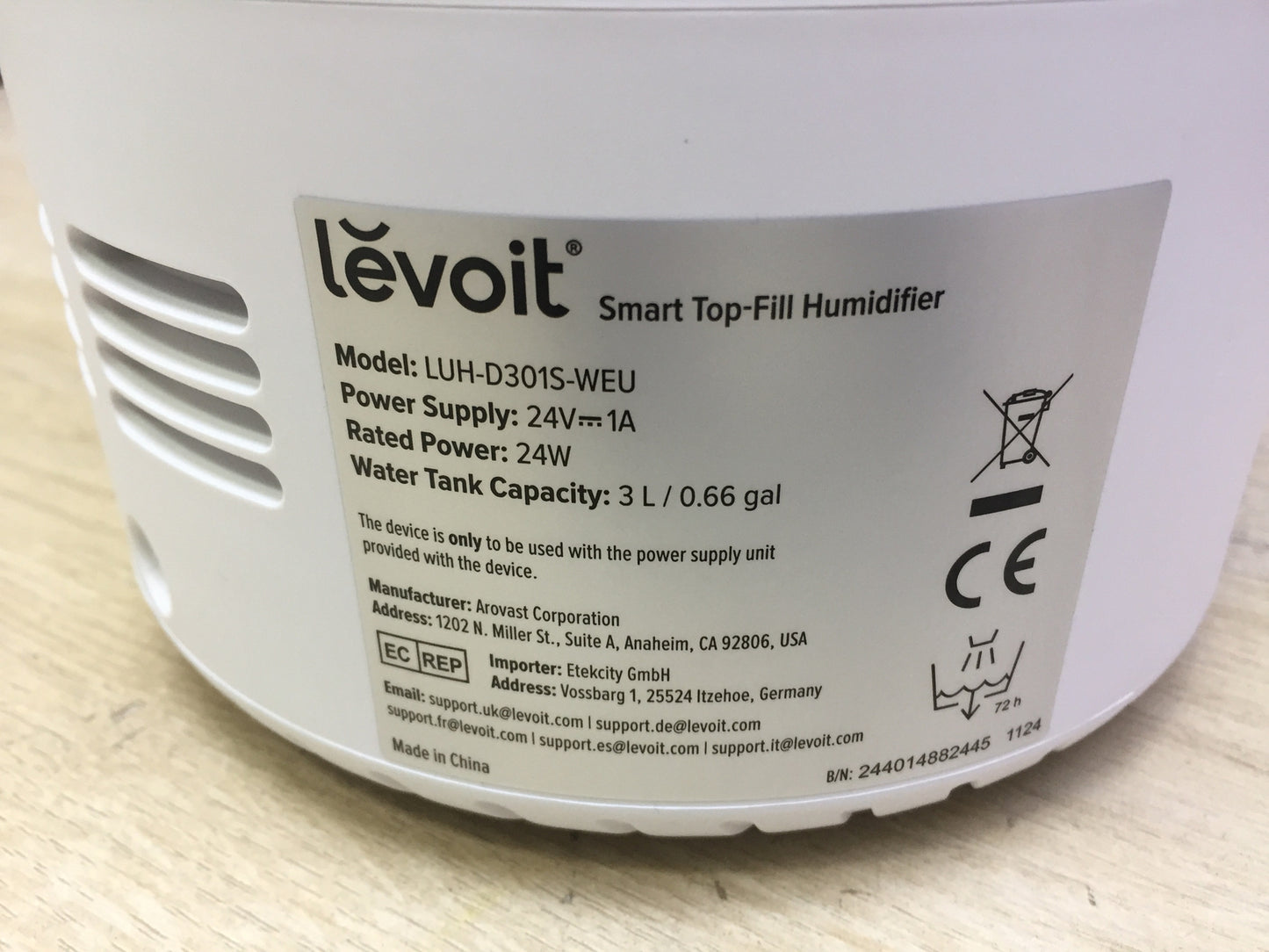LEVOIT 3L Top Fill Humidifier LUH-D301S, I31643 