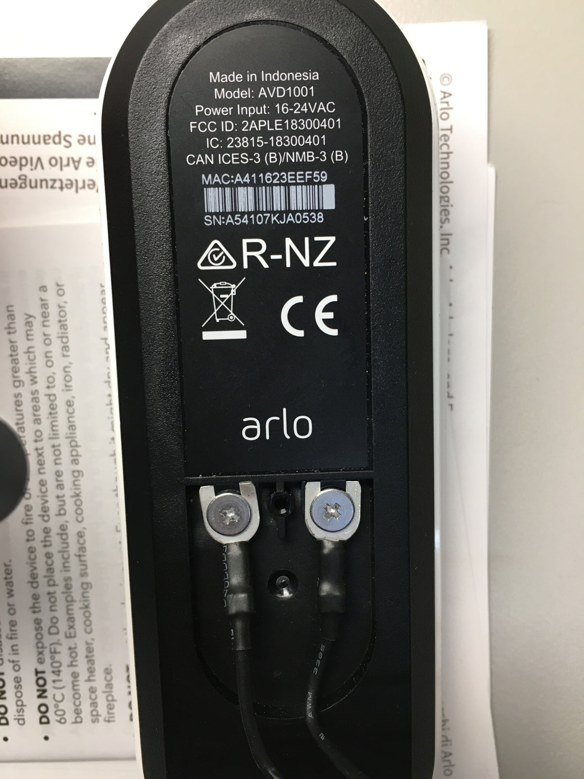 Arlo AVD1001 Video Türklingel, 1080p, WLAN, Bewegungsmelder, I06176