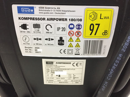 Güde Airpower 180/08 Mobile Electric Compressor 1.1kW (230V) 1.5HP, I33272 