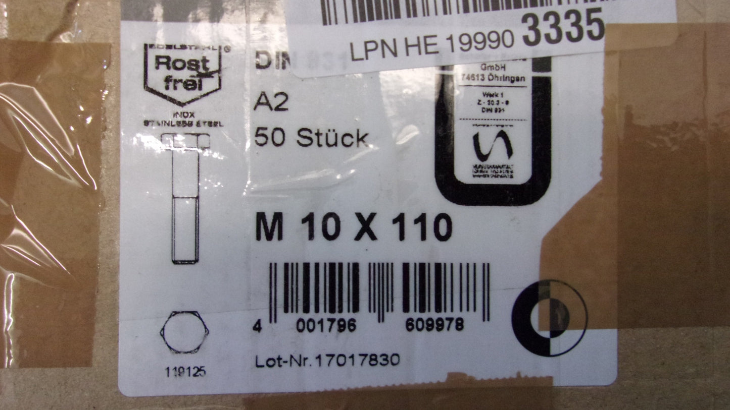 0,99€/St. Sechskantschrauben A2 DIN 931 - M 10 x 110-50 Stück Rechnung Y05387