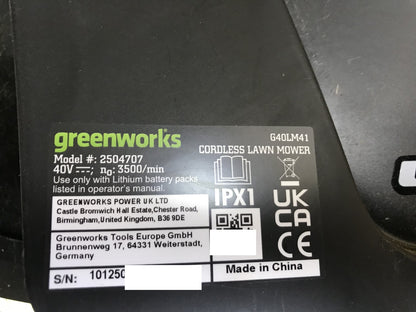 Greenworks G40LM41 Cordless Lawn Mower 2504707, 2x Batteries, 40V, up to 500m², I32933 
