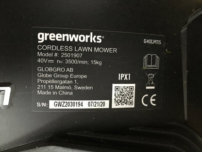 Greenworks 40V Akku-Rasenmäher, 35cm Schnittbreite 2501907, 1x Akku, I07585