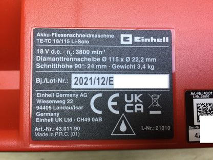 Einhell 4301190 Akku-Fliesenschneider TE-TC 18/115 Li-Solo, I33754