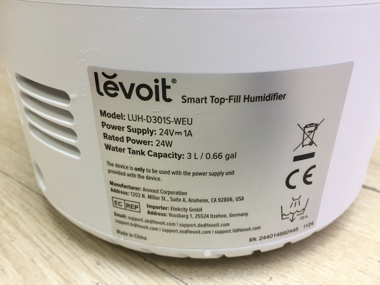 LEVOIT 3L Top Fill Humidifier LUH-D301S, I31769 