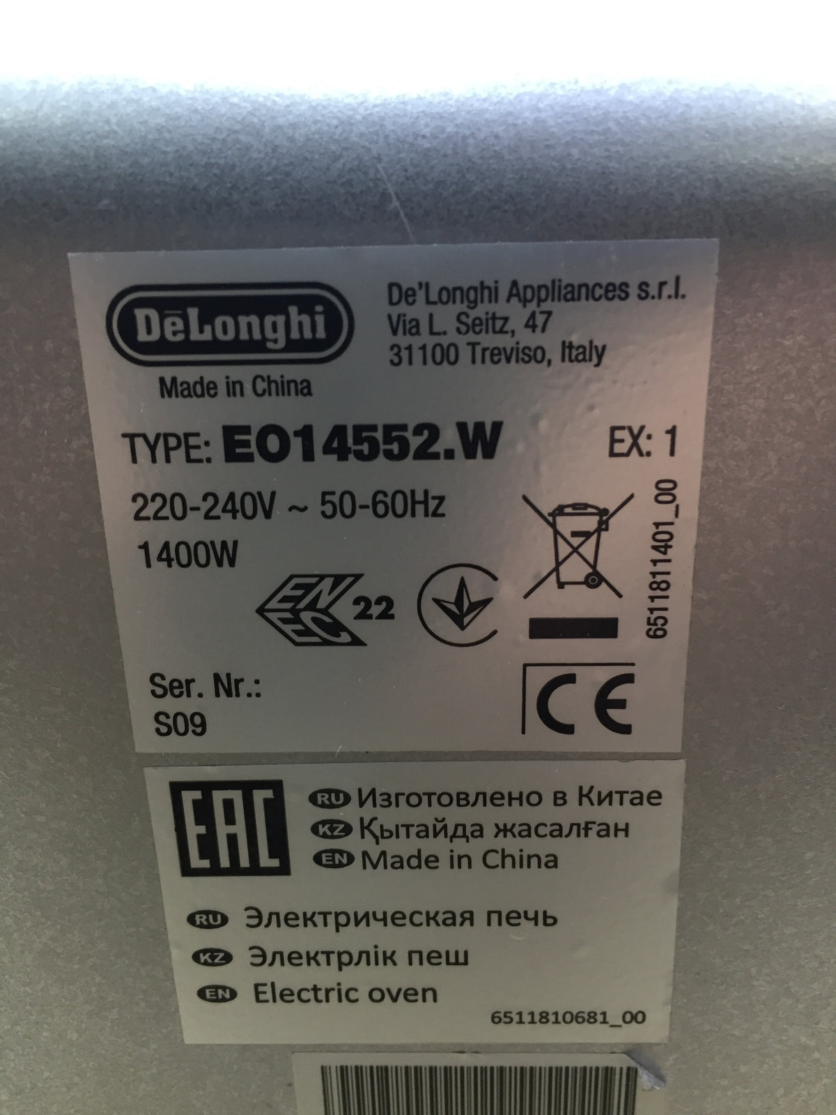 De'Longhi EO14552.W Elektro-Ofen, 1400W, I29844