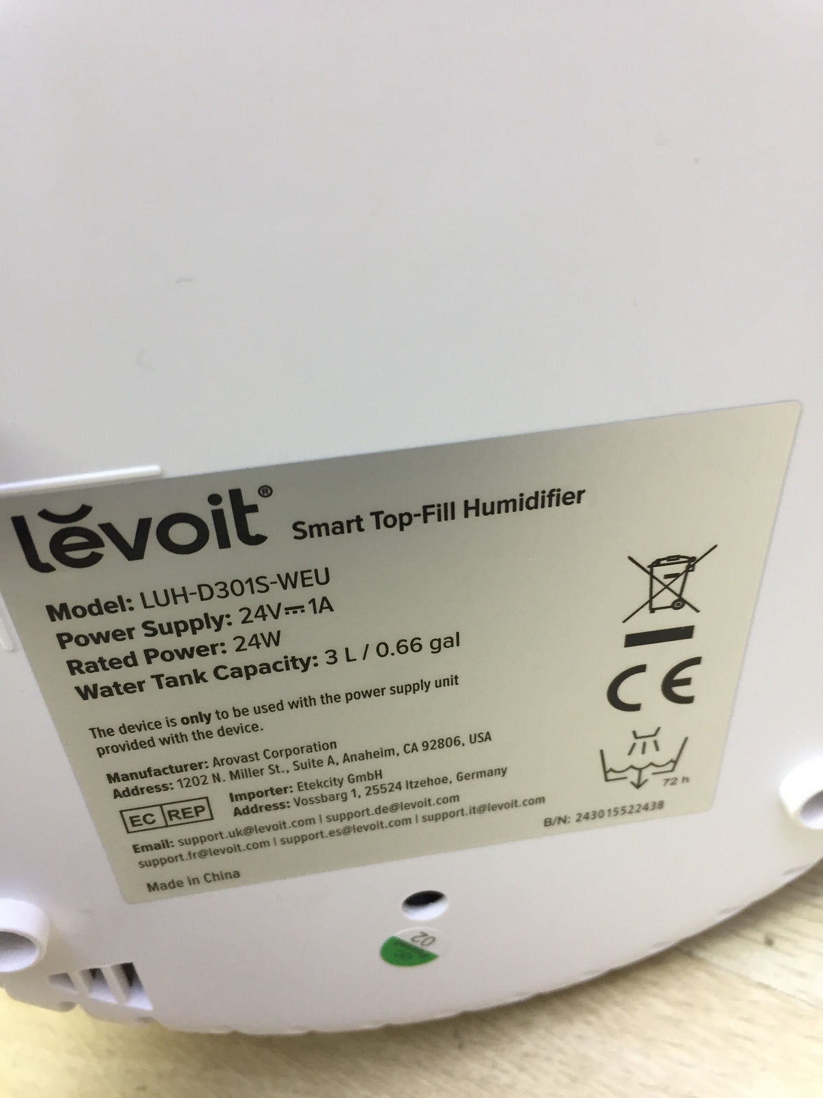 LEVOIT 3L Top Fill Humidifier LUH-D301S, I31643 