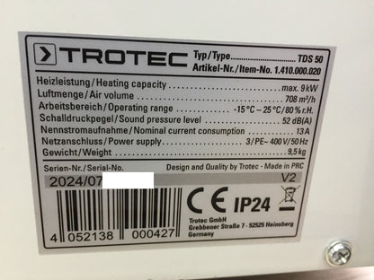 TROTEC TDS 50 Elektroheizer mit integriertem Thermostat, 400V, I33971