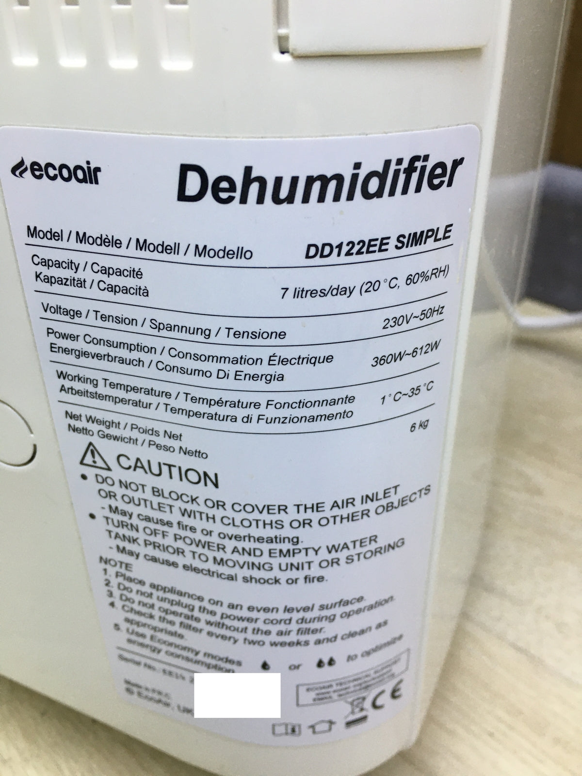 EcoAir DD122EE-SIMPLE Luftentfeuchter 7 L/Tag, I31471