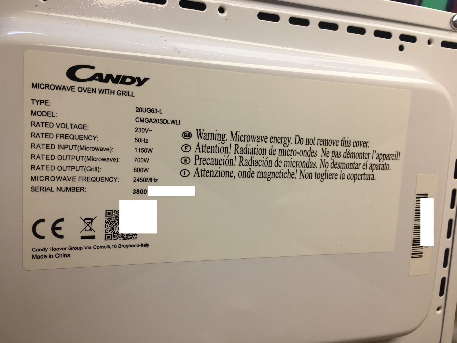 Candy CMGA20SDLWLI Mikrowelle mit Grill, 20L, 700W, I39893