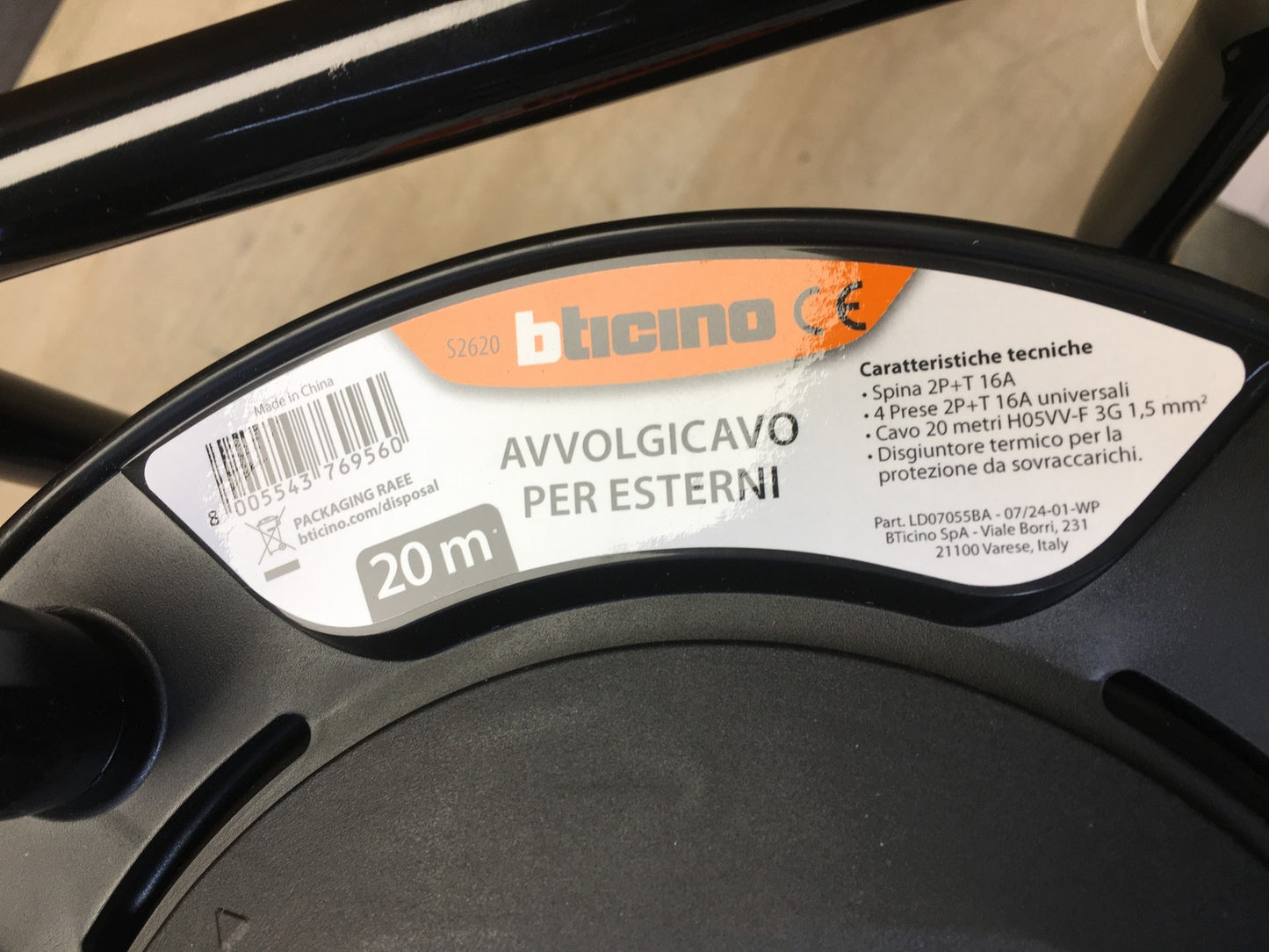 BTICINO S2620 Verlängerungskabel 20m mit Kabeltrommel, 4 Steckdosen, I38685