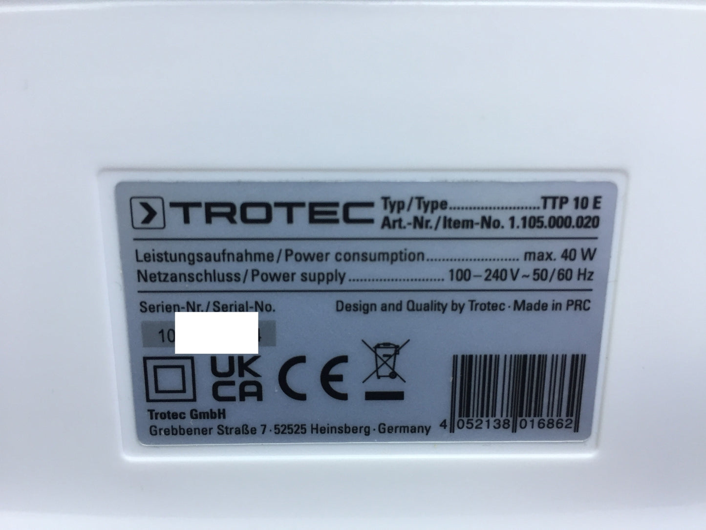TROTEC Luftentfeuchter TTP 10 E, Leistung 0,75 L/Tag, 10 m² / 25 m³, I31770