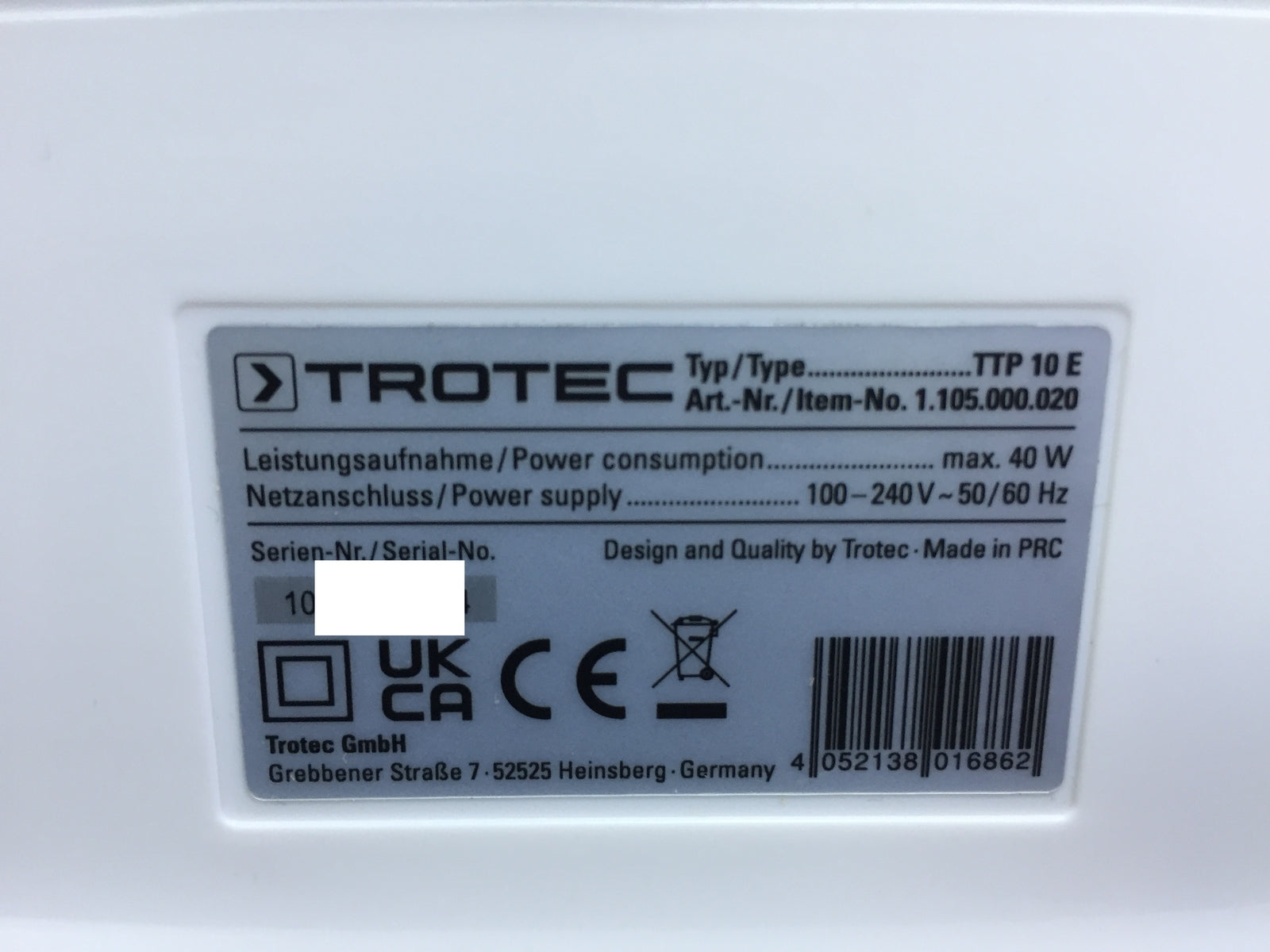 TROTEC Luftentfeuchter TTP 10 E, Leistung 0,75 L/Tag, 10 m² / 25 m³, I31770