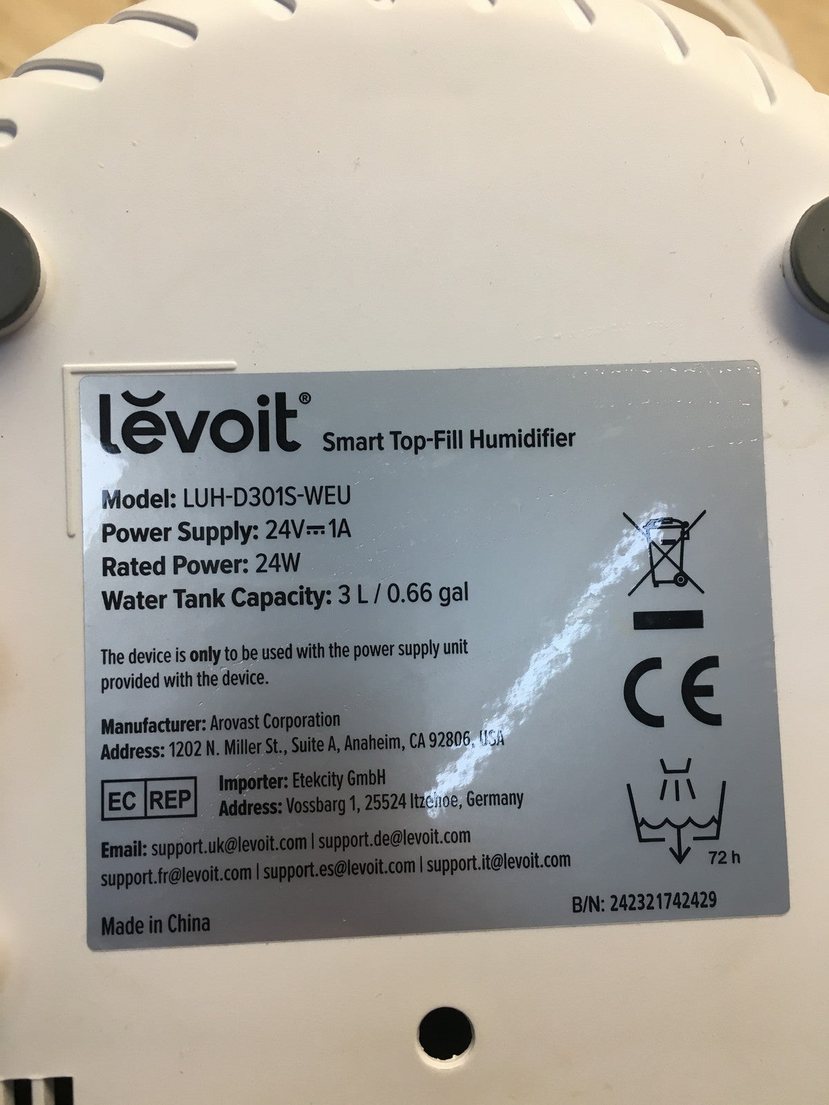 LEVOIT 3L Top Fill Luftbefeuchter LUH-D301S, I37033