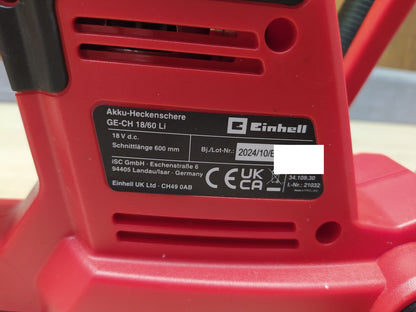 Einhell GE-CH 18/60 Li Akku-Heckenschere Solo Schnittlänge 64cm (3410930) I38294
