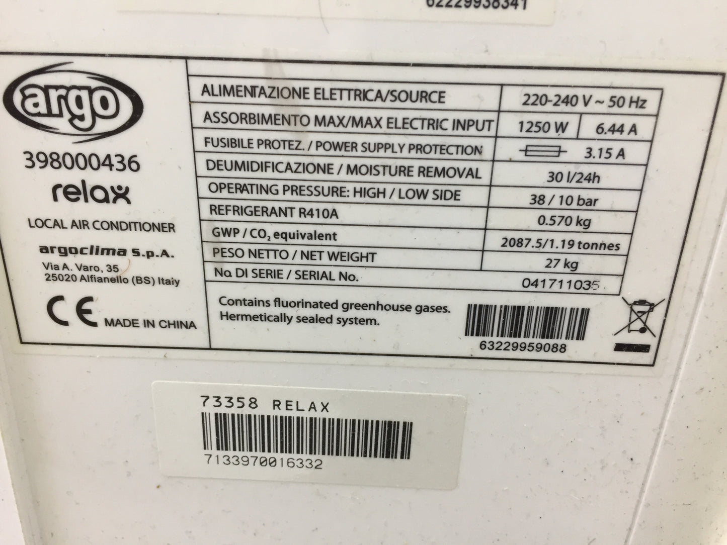 ARGO Relax 398000436 Mobiles Klimagerät 10000 Btu/h EEK: A 2.5kW, I26305