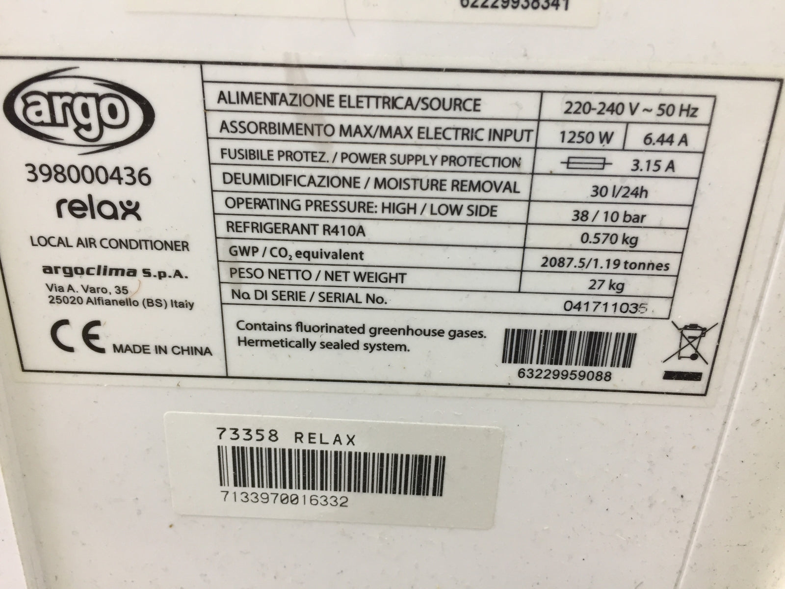 ARGO Relax 398000436 Mobiles Klimagerät 10000 Btu/h EEK: A 2.5kW, I26305