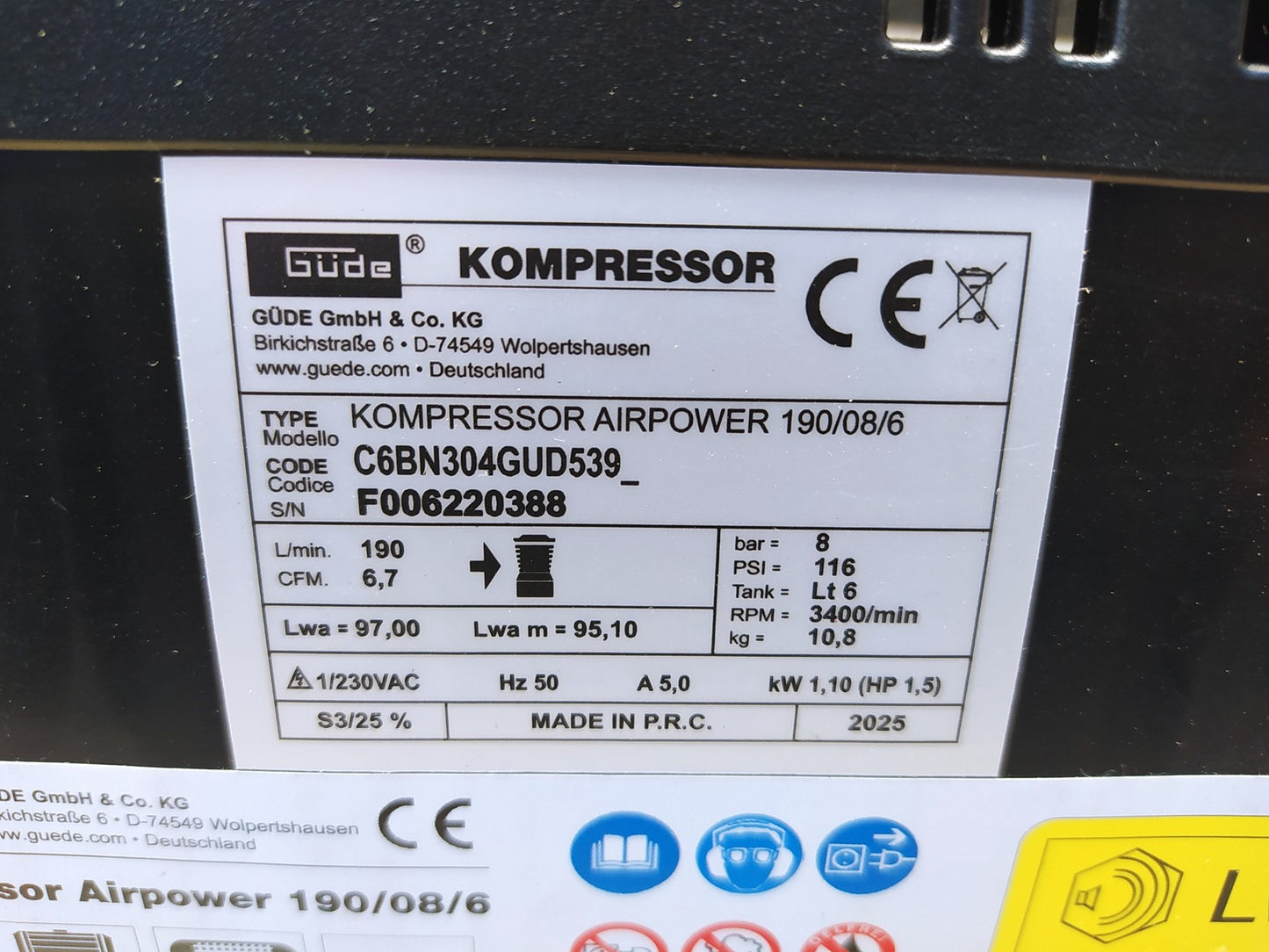 Güde 50089 Kompressor Airpower 190/08/6, ölfrei, max. Druck 8 bar, I37533