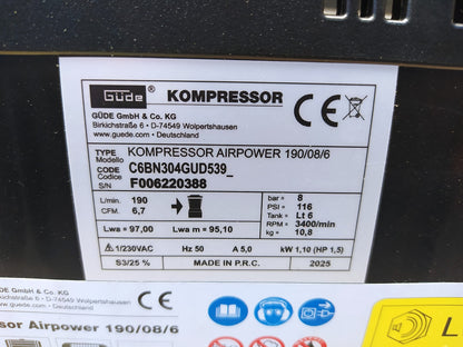 Güde 50089 Kompressor Airpower 190/08/6, ölfrei, max. Druck 8 bar, I37533