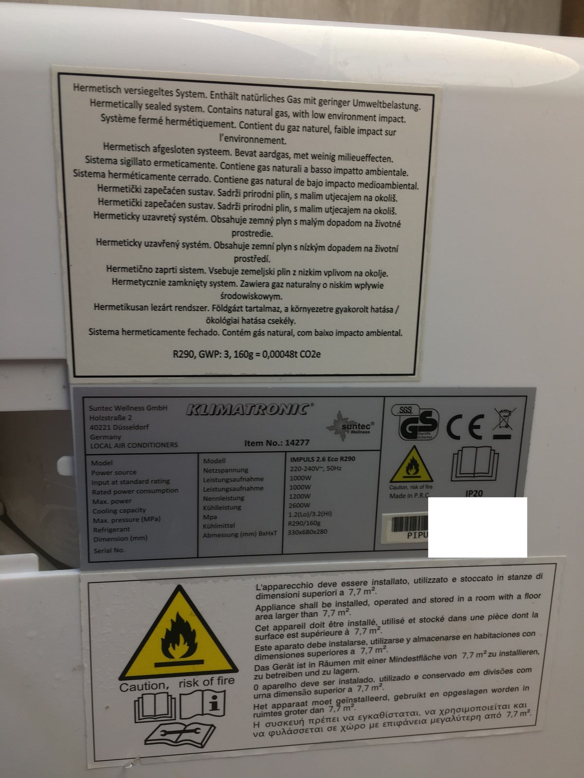 Suntec 14277 mobile Klimaanlage Impuls 2.6 Eco R290 9000 BTU/h EEK: A I39087