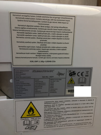 Suntec 14277 mobile Klimaanlage Impuls 2.6 Eco R290 9000 BTU/h EEK: A I39087