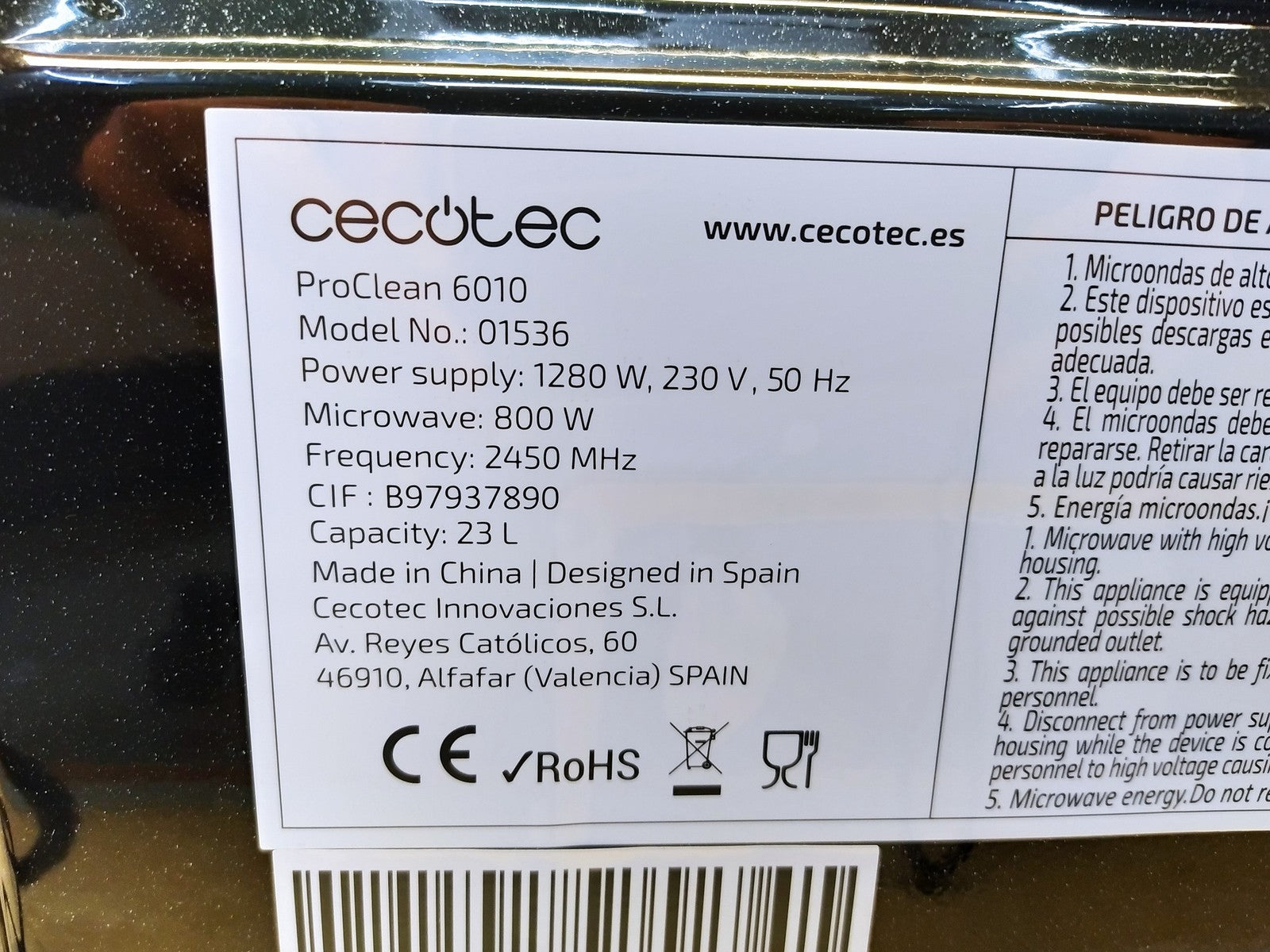 Cecotec ProClean 6010 Mikrowelle (01536), 23L, 800W, I35998