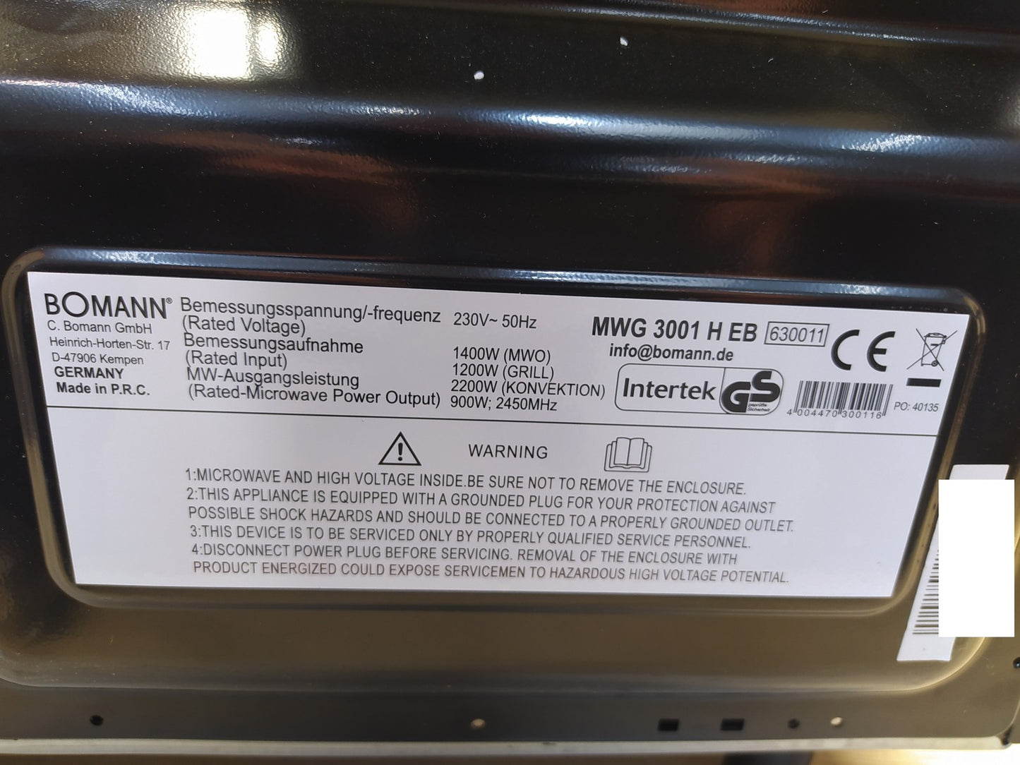 Bomann MWG 3001 H EB Einbaumikrowelle mit Grill und Heißluft, 25L, 900W, I38706