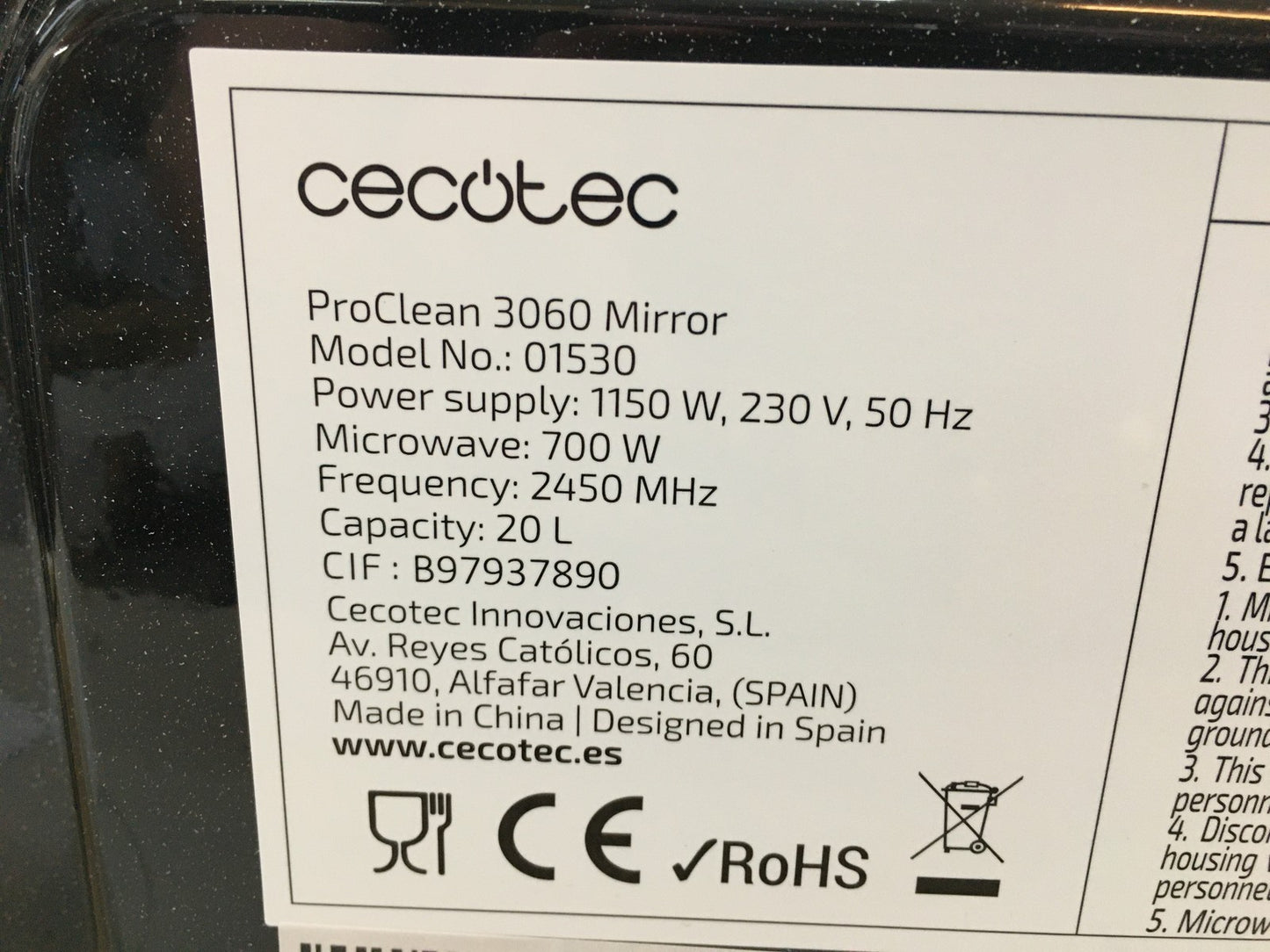 Cecotec 01530 Mikrowelle ProClean 3060 Mirror, 20 L, I39206