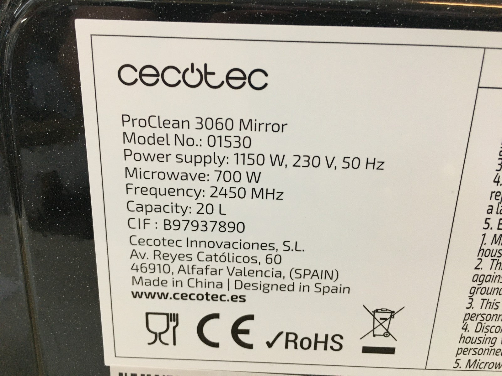Cecotec 01530 Mikrowelle ProClean 3060 Mirror, 20 L, I39206