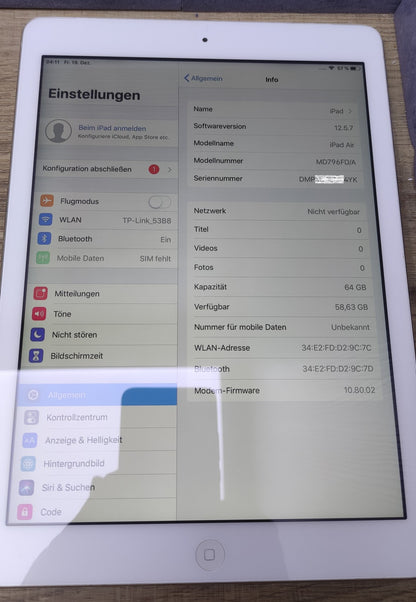 Apple iPad Air Tablet 9.7" 64GB LTE + WiFi Silver A1475 (MD796FD/A)