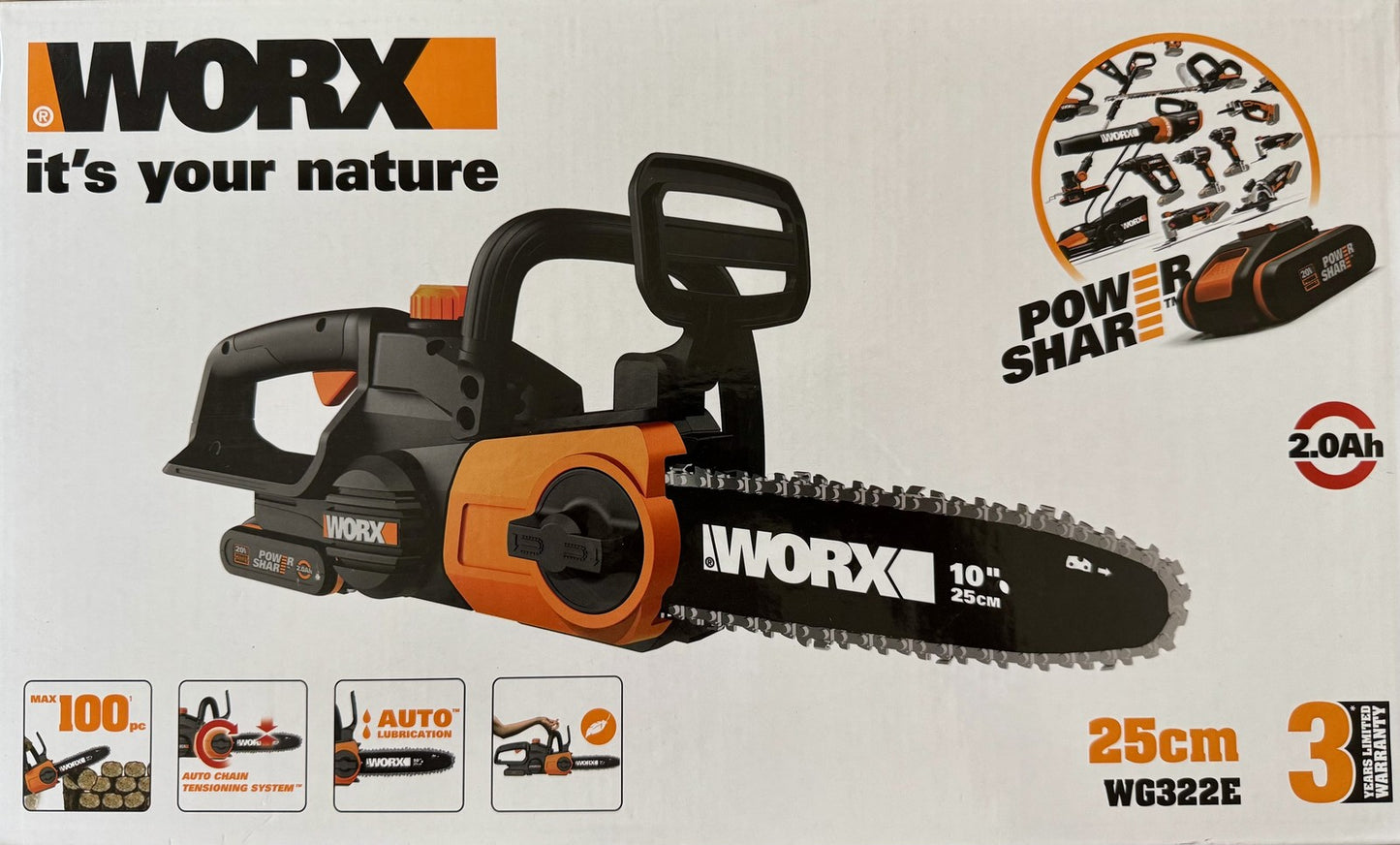 Worx WG322E Akku-Kettensäge 20V, 24 cm, inkl. Akku 2,0Ah, I38514