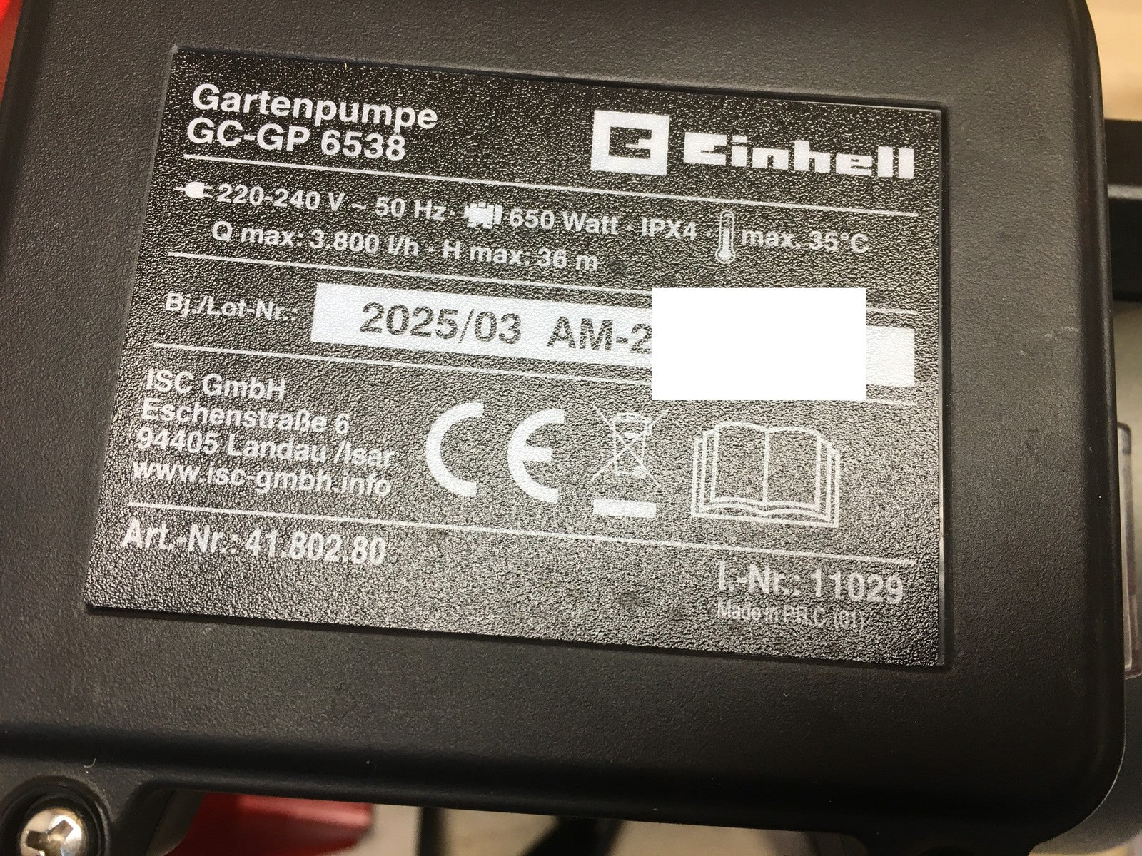 Einhell GC-GP 6538 Gartenpumpe 650W 3800 l/h max., I38230