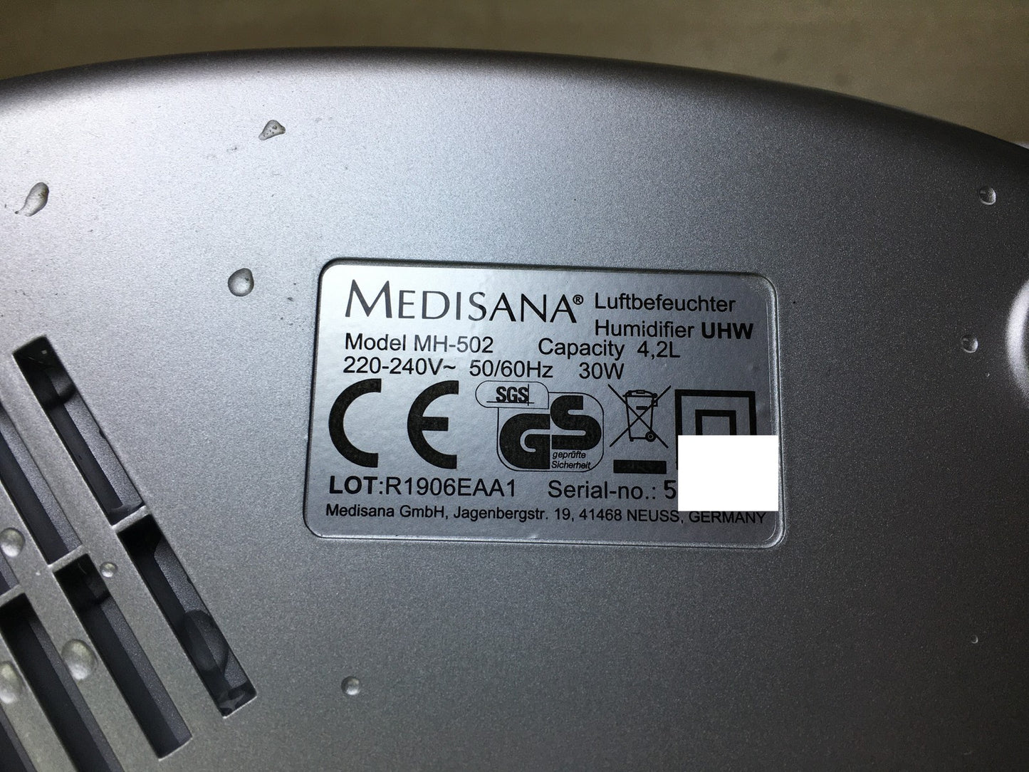 Medisana MH-502 Luftbefeuchter Raumluftbefeuchter 60065, I35663