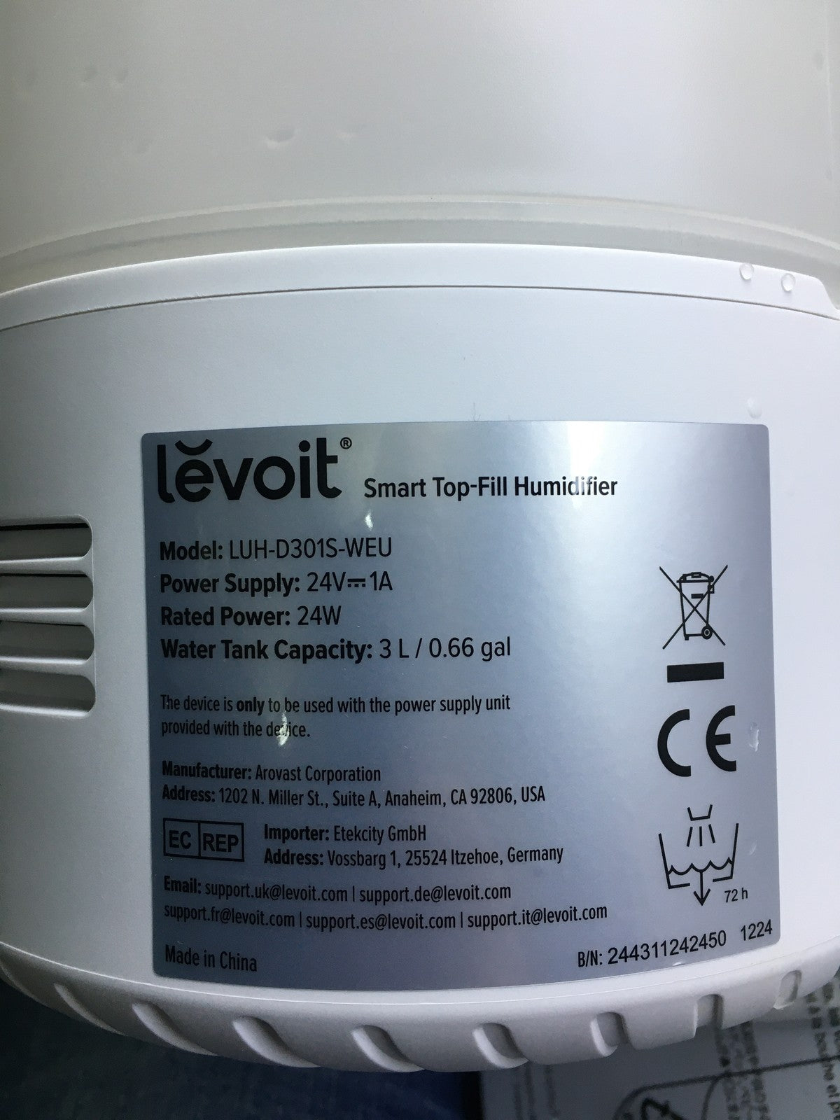 LEVOIT 3L Top Fill Luftbefeuchter LUH-D301S, I34615