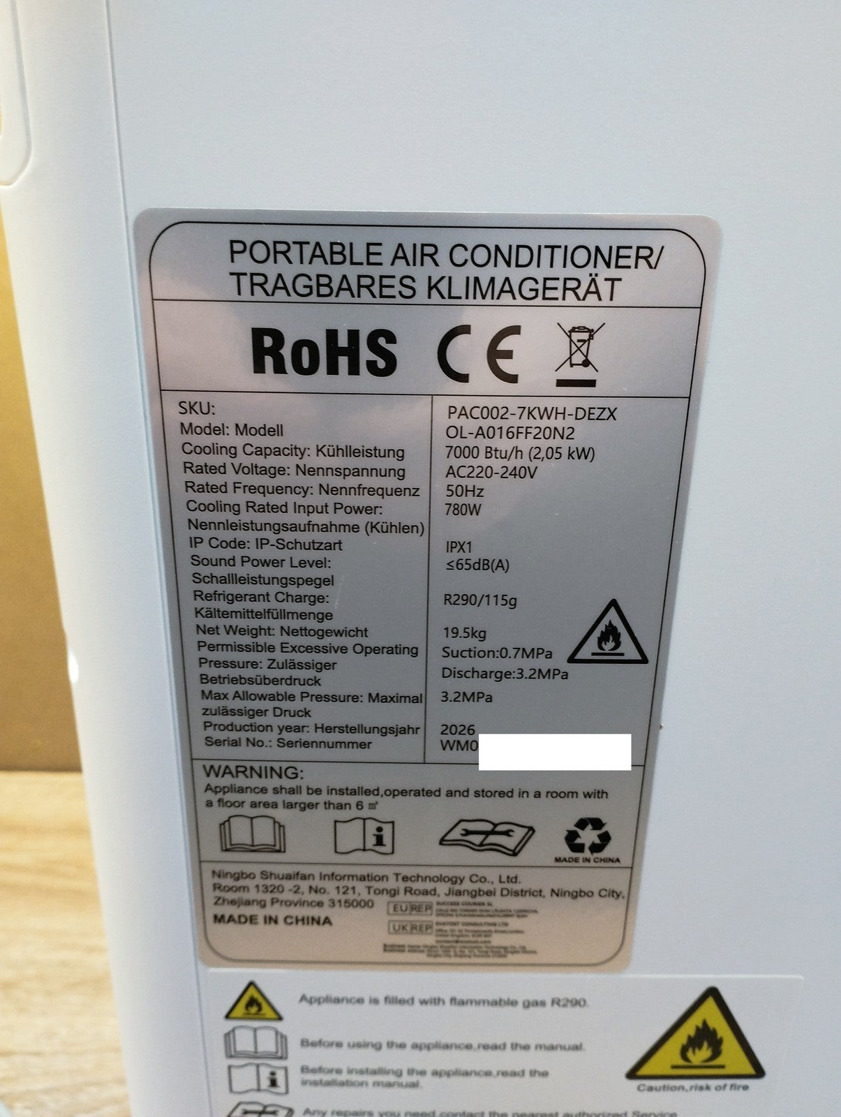 EUHOMY mobile Klimaanlage PAC002-7KWH-DEZX, 7000BTU, Klimagerät, I39662