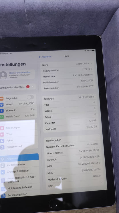 Apple iPad 128GB Tablet 9.7 Zoll LTE + WiFi Space Gray 6. Gen A1954 LOCKED