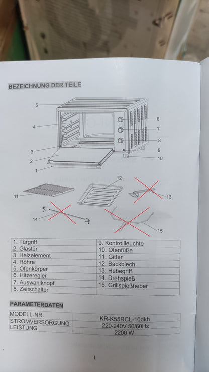 OptimumX KP-K55RCL-10dkh Minibackofen mit Umluft, 60L, 2200W, I39691