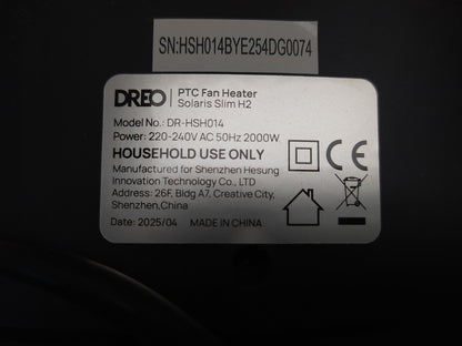 DREO Solaris Slim H2 Heizlüfter Energiesparend Leise, 2000W, I37358