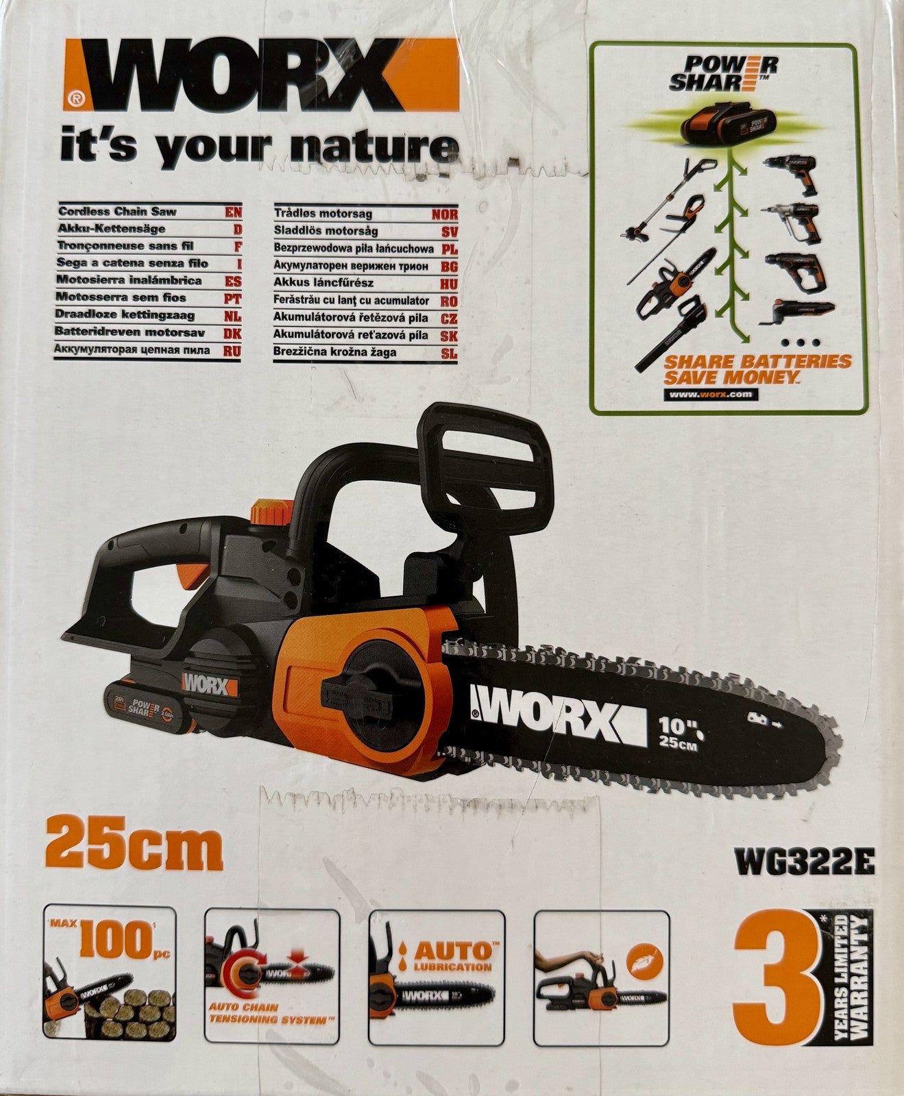 Worx WG322E Akku-Kettensäge 20V, 24 cm, inkl. Akku 2,0Ah, I38514