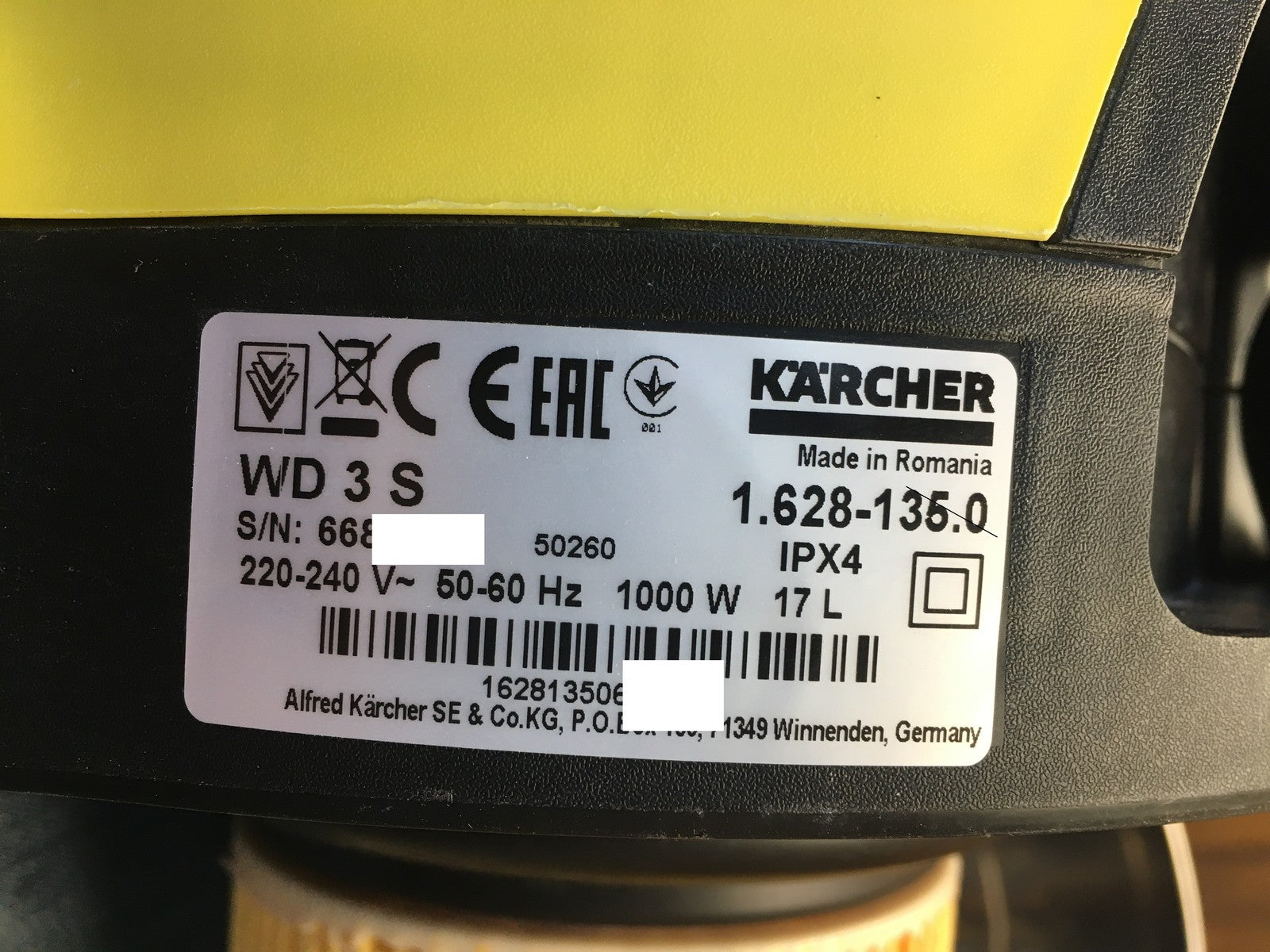 Kärcher 1.628-135.0 Nass-/Trockensauger WD 3 S, 1000W, 17L, I38350