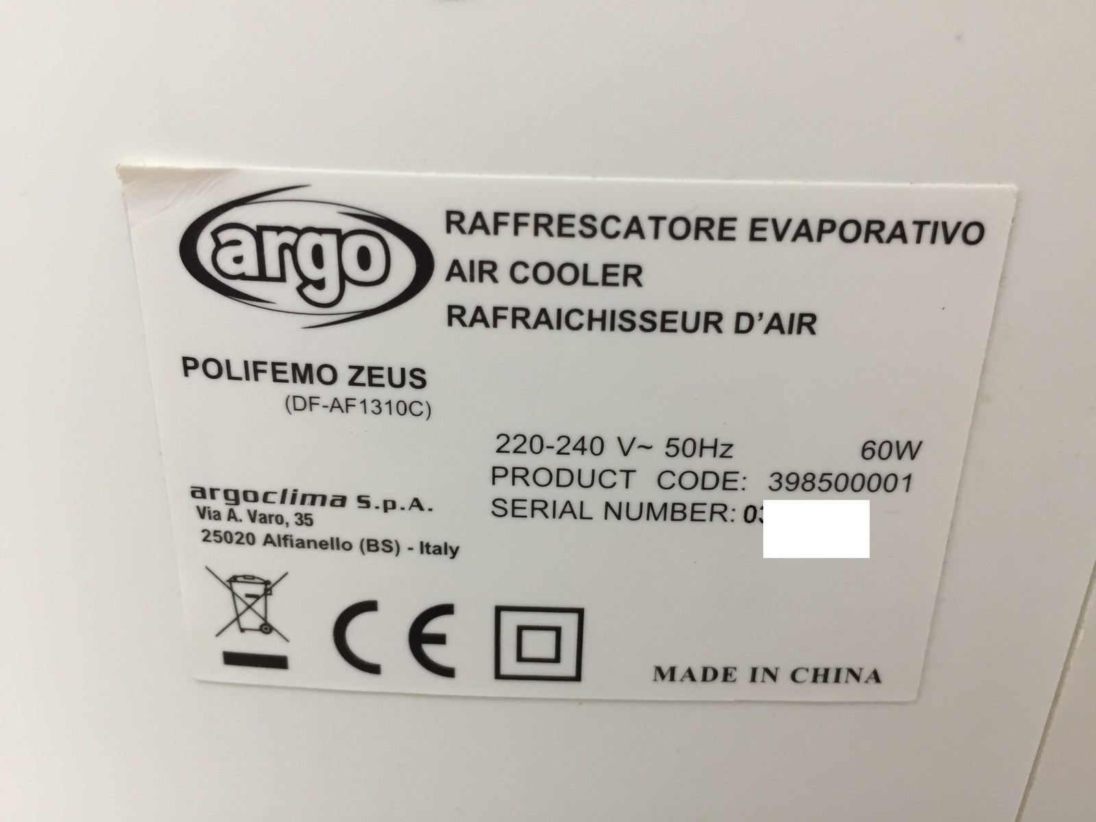 ARGO Polyfemo Zeus Verdunstungskühler 3 Geschwindigkeiten, I33694