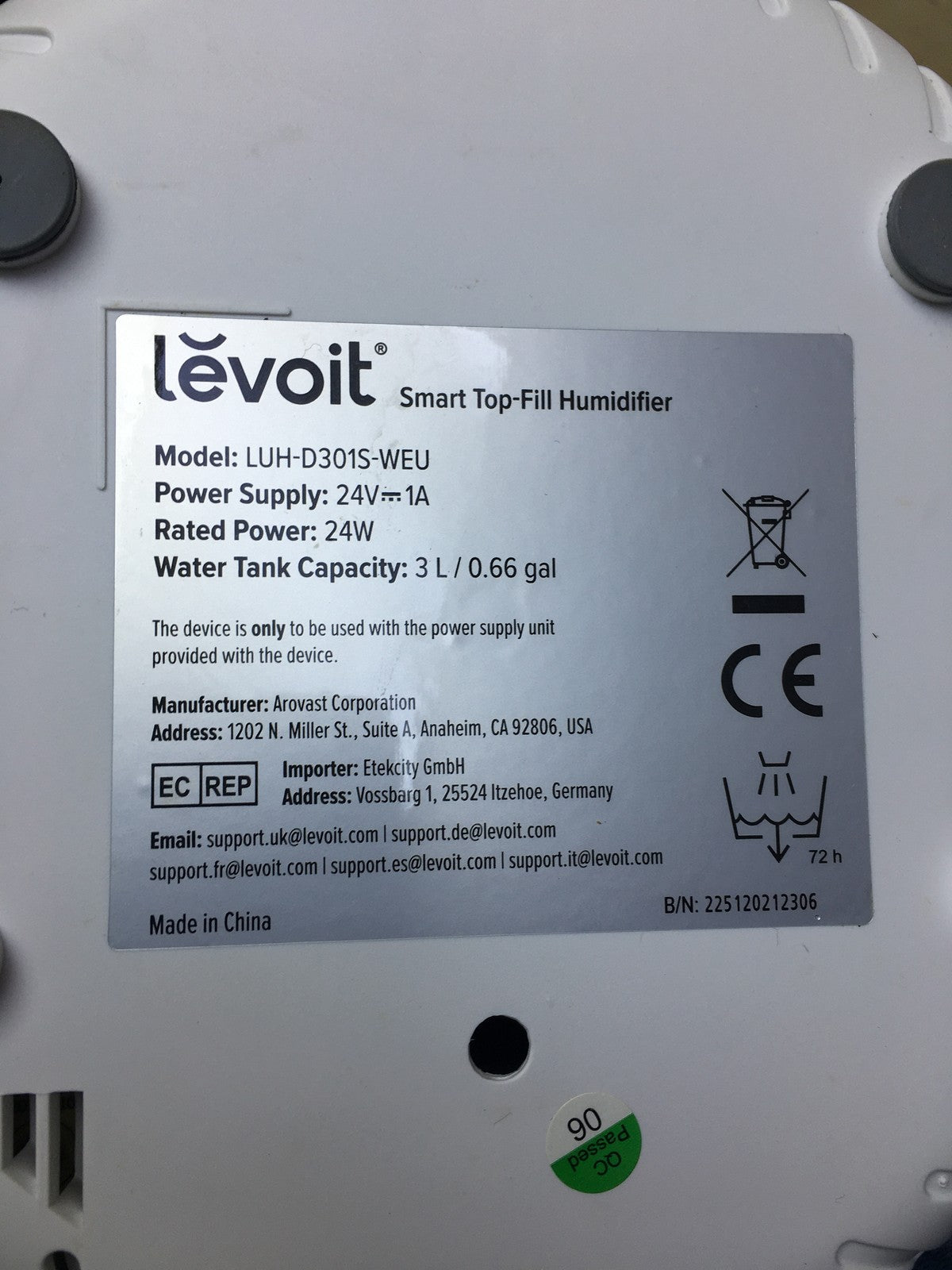 LEVOIT 3L Top Fill Luftbefeuchter LUH-D301S, I34590