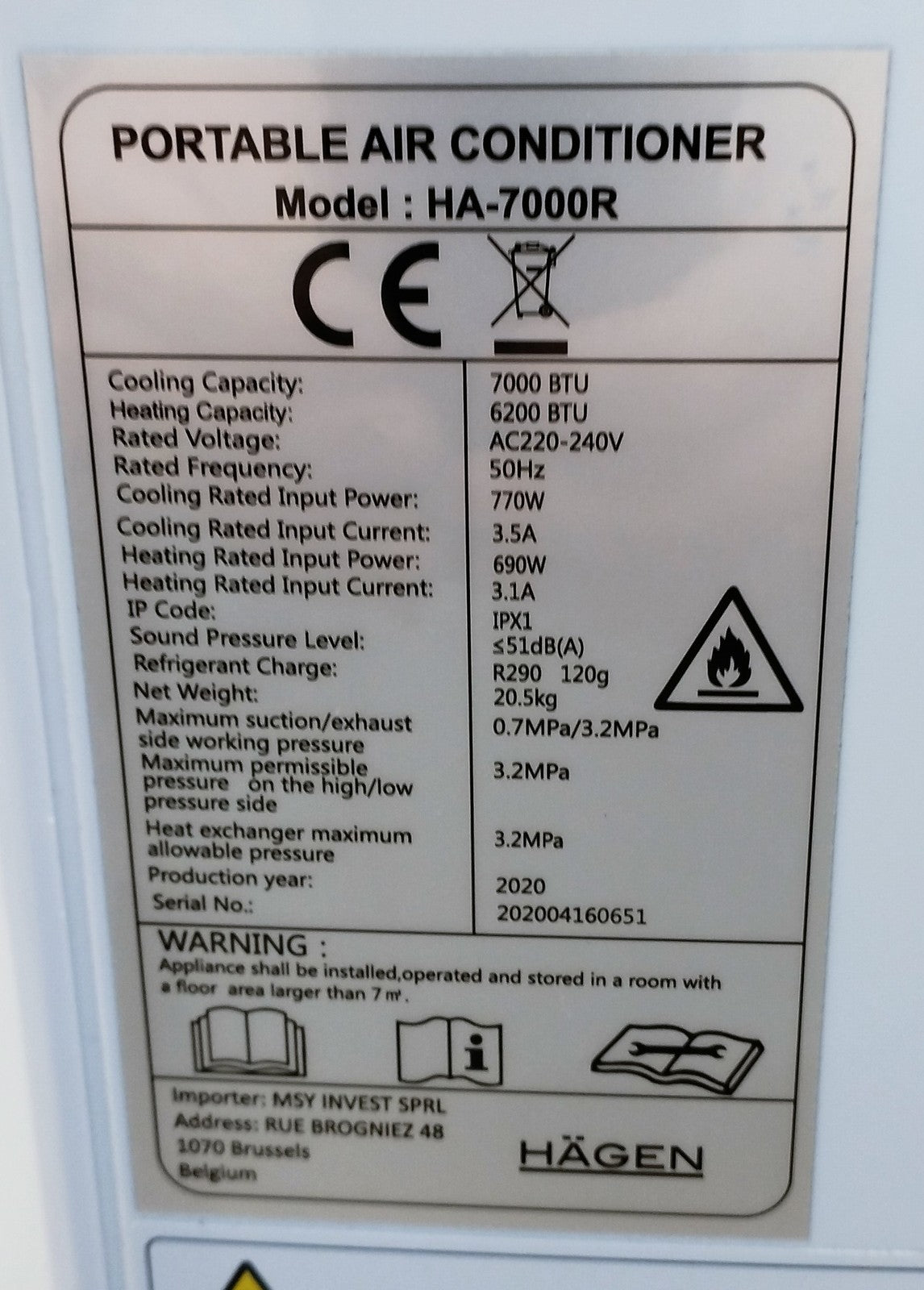 Hägen mobile Klimaanlage HA-7000R, 7000BTU, Klimagerät, I39698