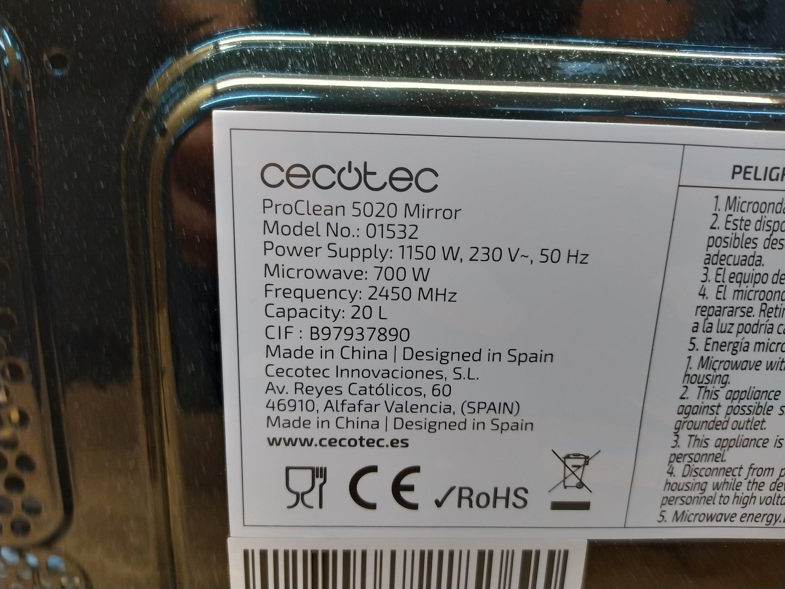 Cecotec ProClean 5020 Mirror Mikrowelle 01532, 20L, 700W, I39318