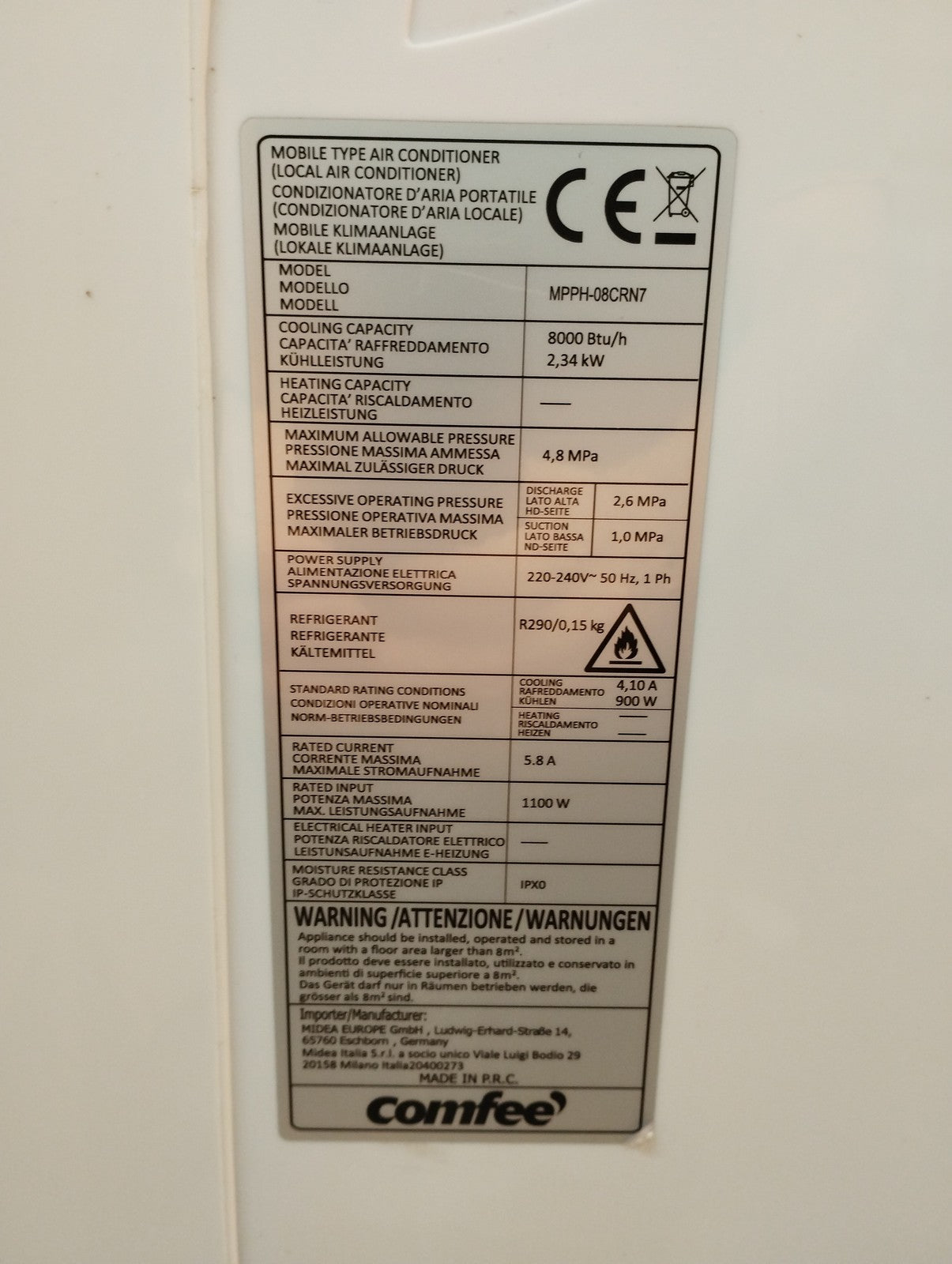 Comfee MPPH-08CRN7 Mobile Klimaanlage, 8000 BTU, Klimagerät, EEK:A, I39658