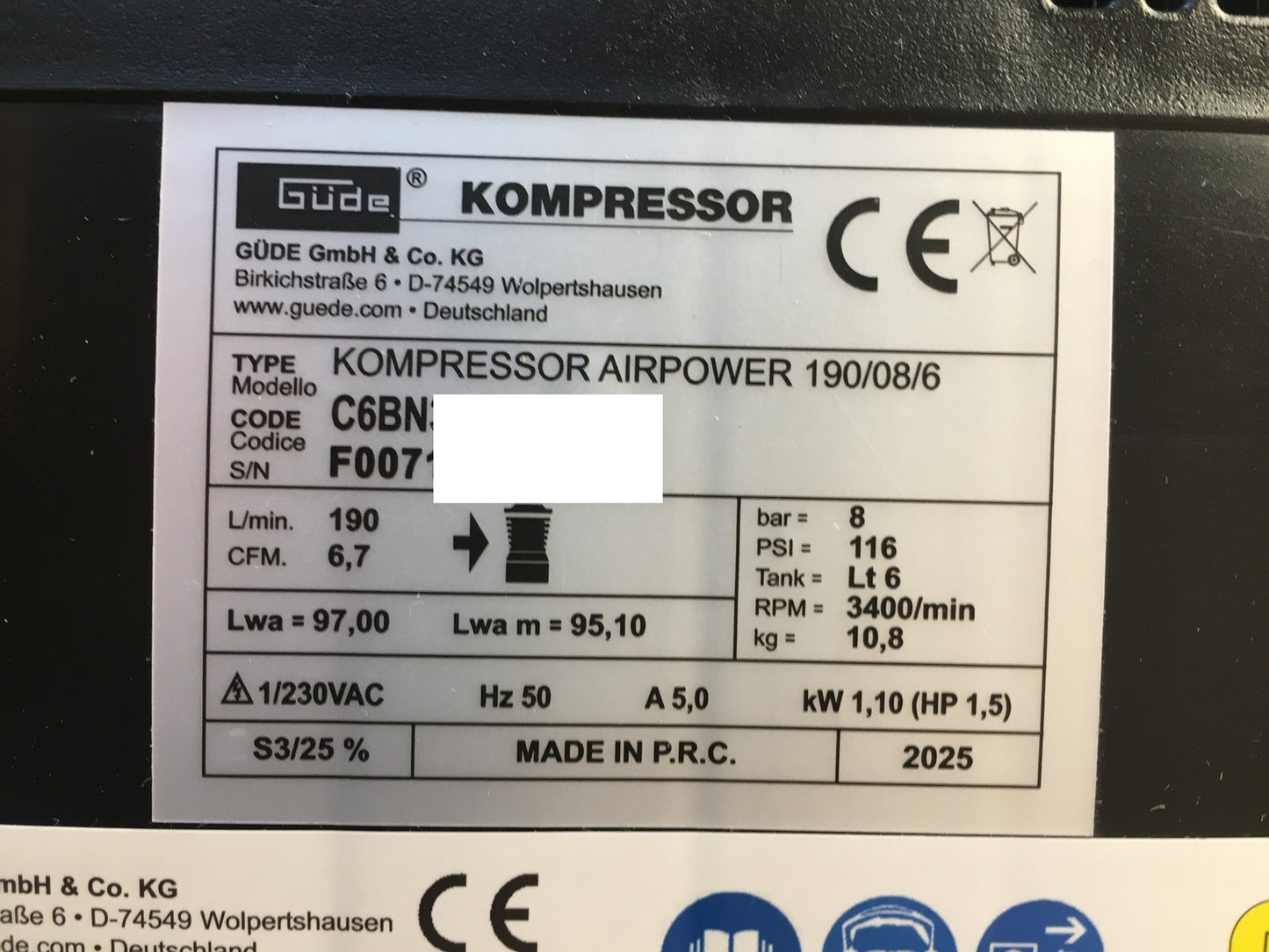 Güde 50089 Kompressor Airpower 190/08/6, ölfrei, max. Druck 8 bar, I37387