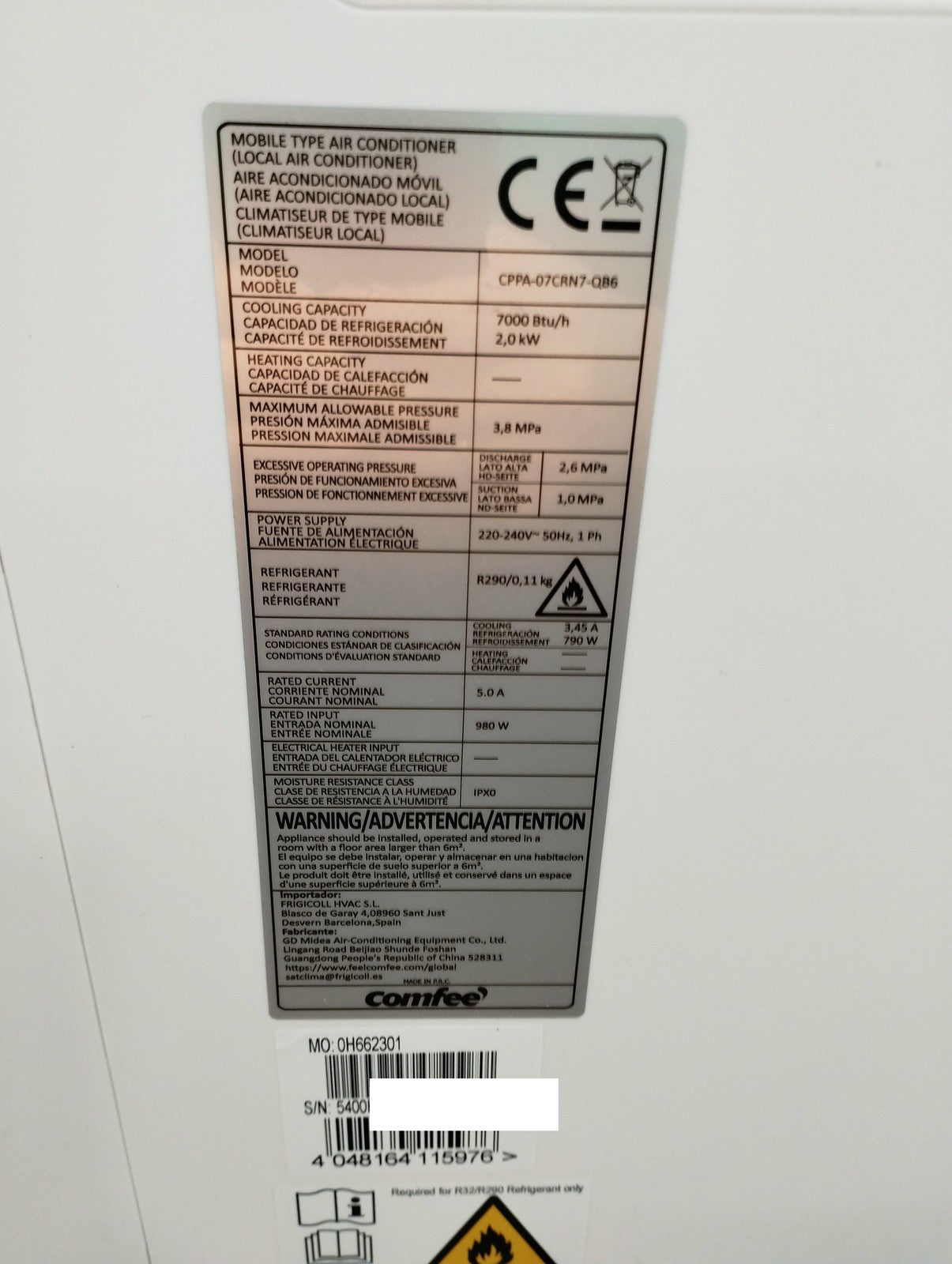 Comfee CPPA-07CRN7-QB6 Mobile Klimaanlage, 7000 BTU, Klimagerät, EEK:A, I39712