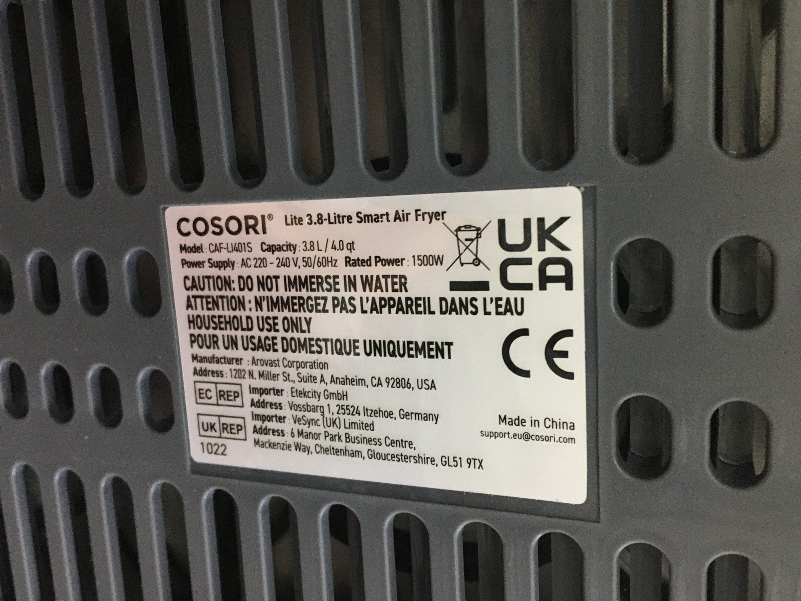 COSORI CAF-LI401S Heißluftfritteuse 3.8L, 1500W, I35612