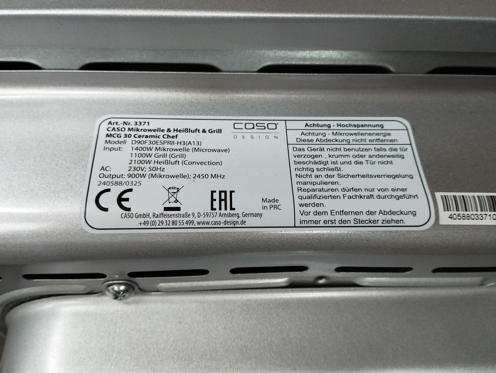 CASO MCG 30 Ceramic chef Mikrowelle mit Grill + Heißluft 2100W 30L, I39505
