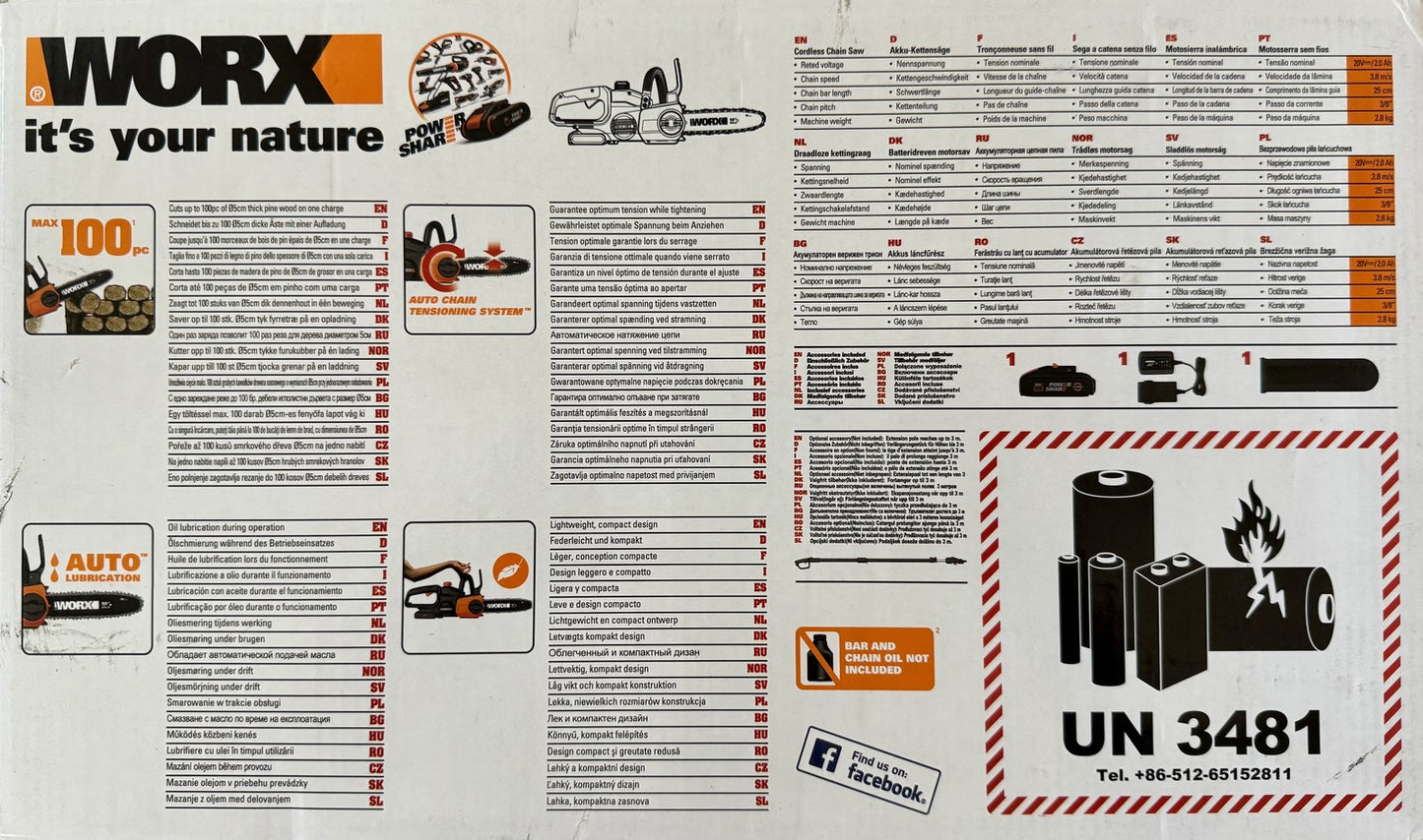 Worx WG322E Akku-Kettensäge 20V, 24 cm, inkl. Akku 2,0Ah, I38514